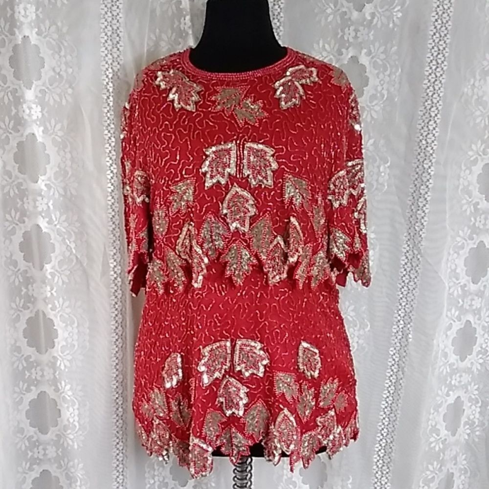 Vintage Handmade Sequin Christmas Approximately Size L Top Blouse
